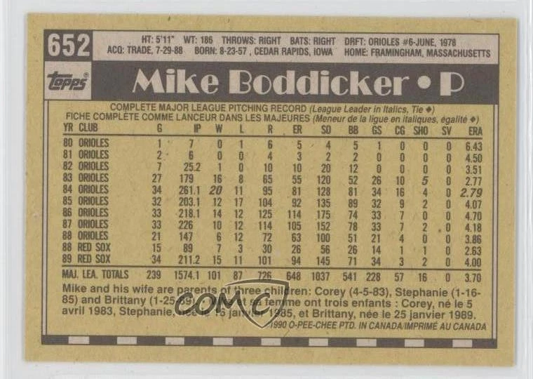 1990 O-Pee-Chee Mike Boddicker #652 - Image 2 of 2