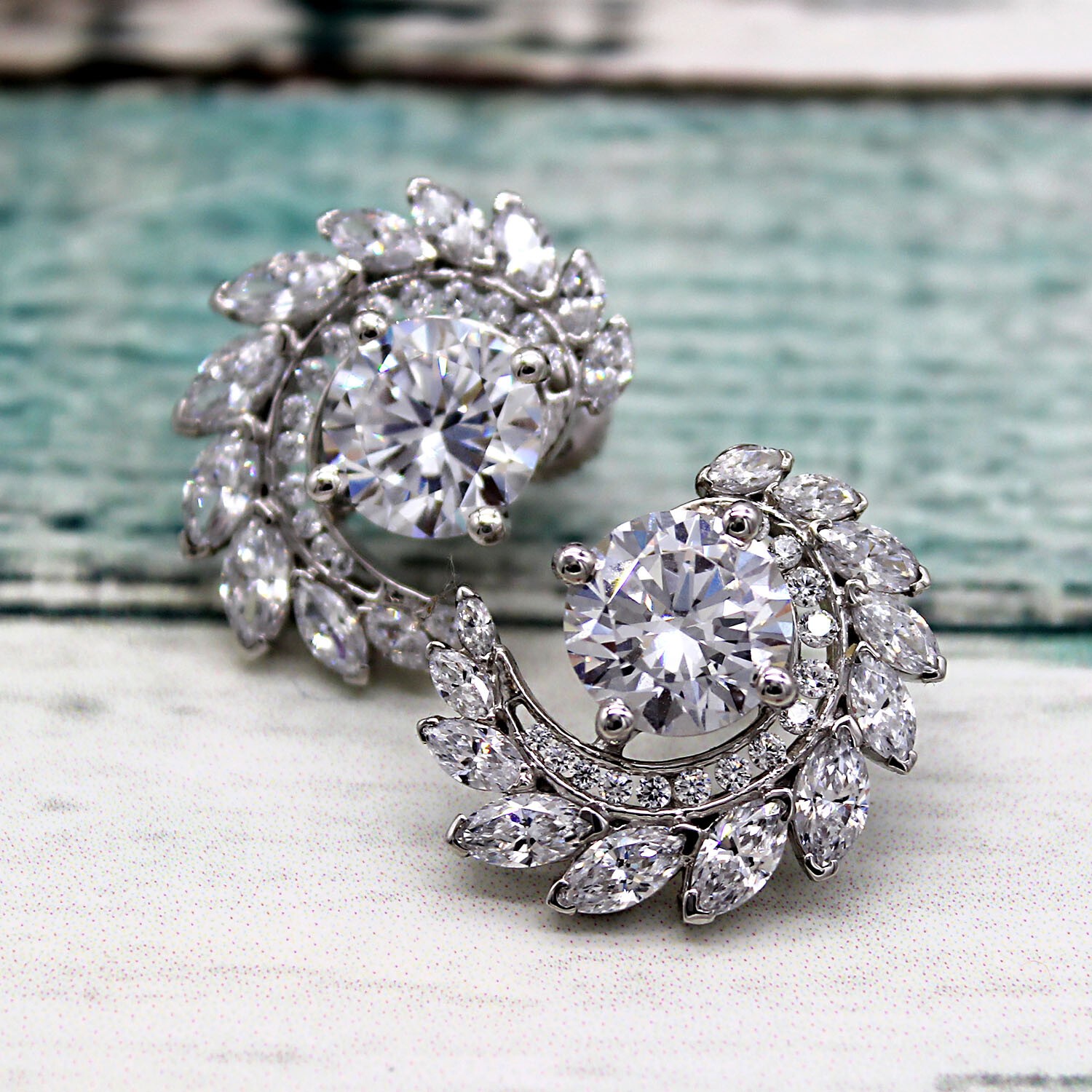 Round Marquise MOISSANITE Art Deco Exquisite Stud Earrings 9kt Solid White Gold image 4