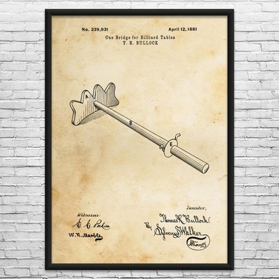 Cue Bridge Patent Wall Art: Game Room Art, Billiards Decor, Pool Player Gifts