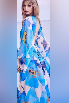 MISA XS Maxi Dress Calypso Blue Poppy Floral Sheer Open Back Long Sleeve  NWT | eBay