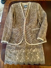 Vintage Dewilde Koos Brown-Beige-Gold Lace Lining 3-Piece Suit Sz 8 Made In USA