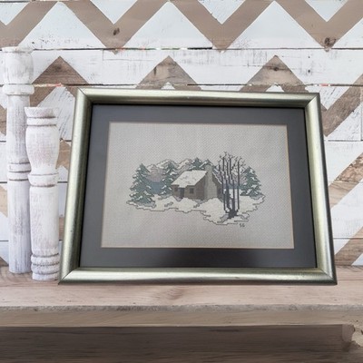 Vtg Completed Cross Stitch -Winter Cabin Scene Framed Snow Ski Lodge Art 13 x10 