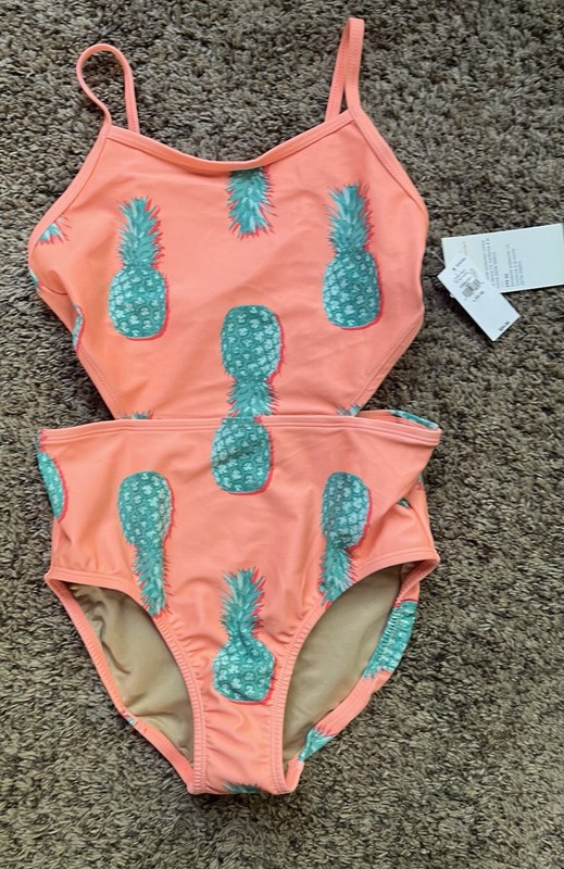 NWT Girls Orange Pineapple w/ Cutouts Swim 1 Pc Bathing Suit Sz 10/12 NEW UPF 50