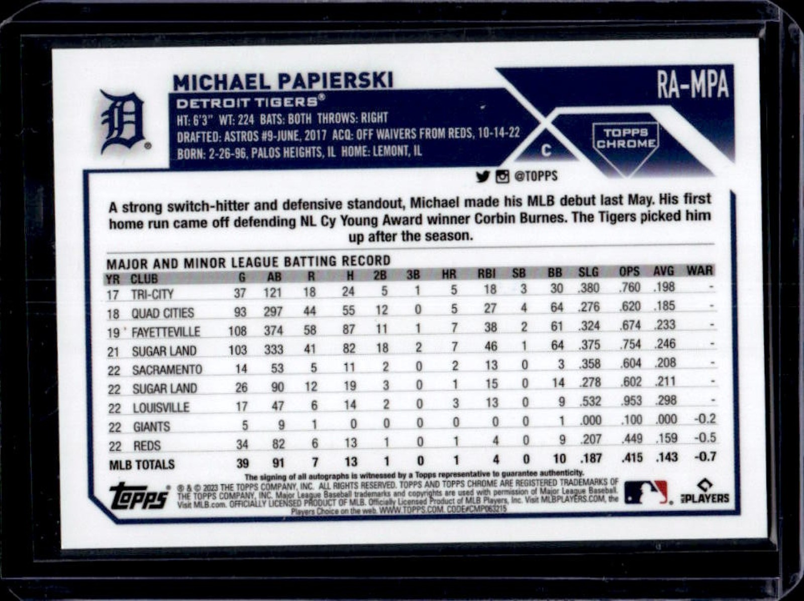 2023 Topps Chrome Michael Papierski Rookie Auto RC Gold Wave Refractor #/50 view 2