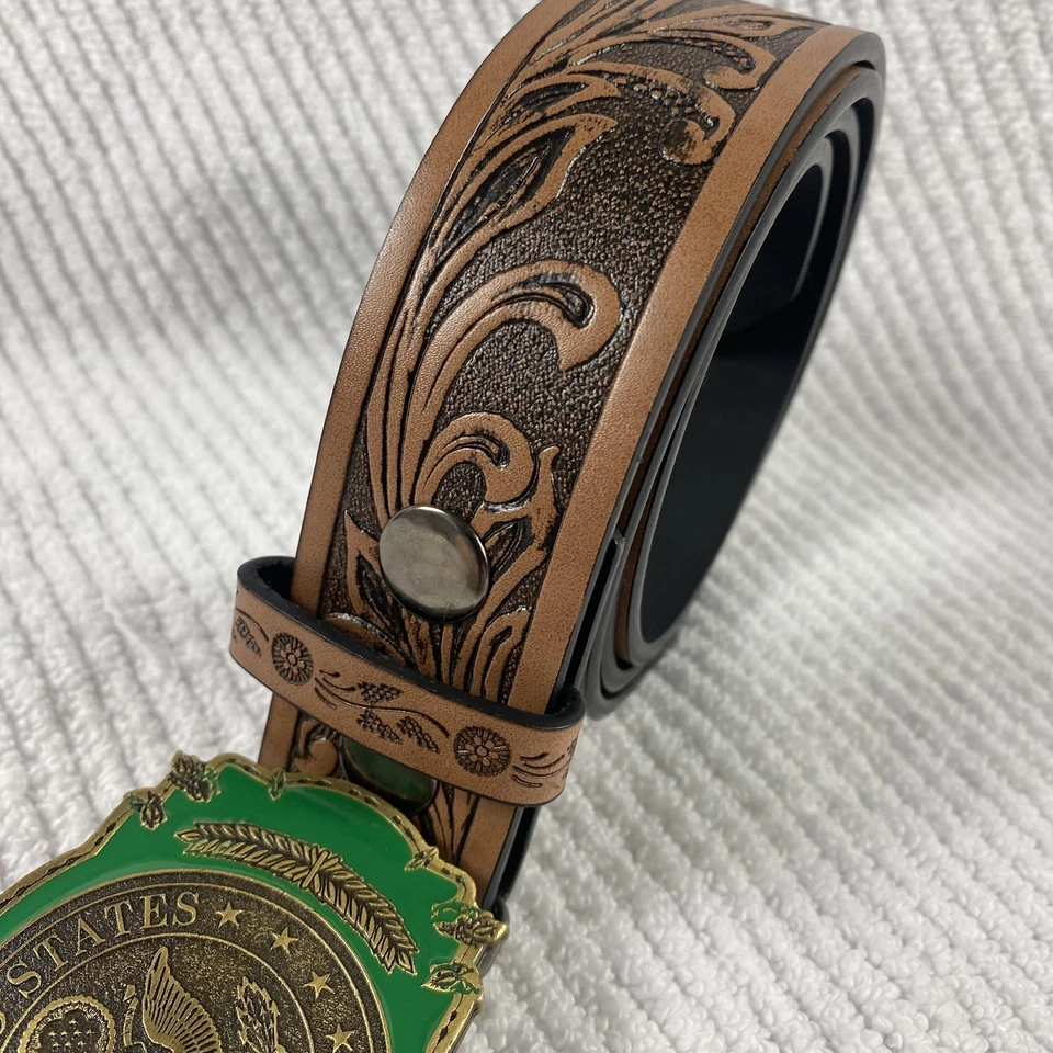 Cinturón Ejército de Estados Unidos Vintage Marrón Tooled Imitación Cuero Verde Latón Hebilla Años 90 Foto 3 de 4