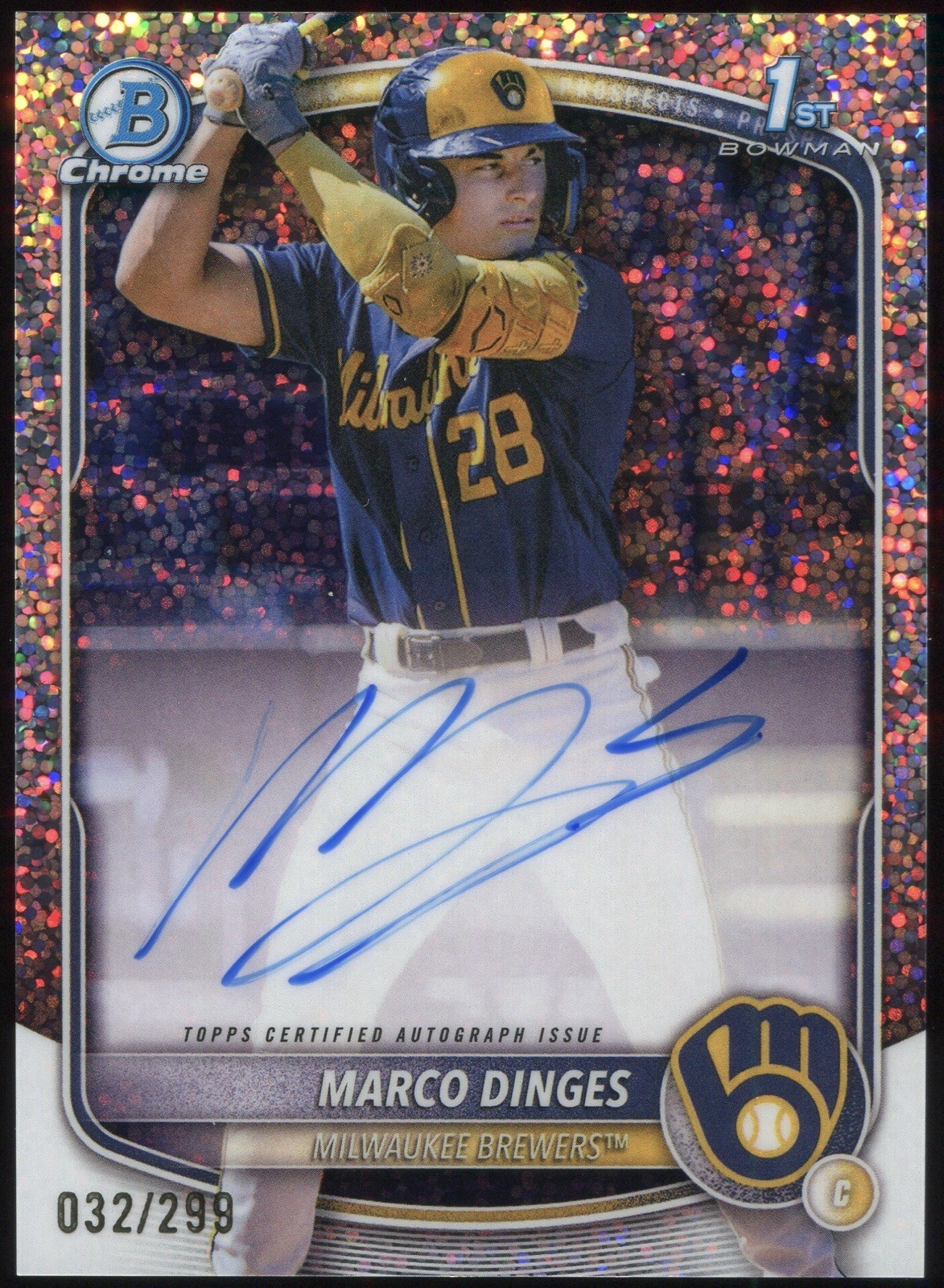 2025 Bowman Chrome Marco Dinges Auto Speckle Refractor 1st #/299 - Brewers