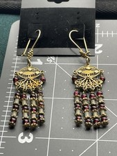 Sterling Silver Indian Filigree Earrings With Garnet And Cream Colored Beads.