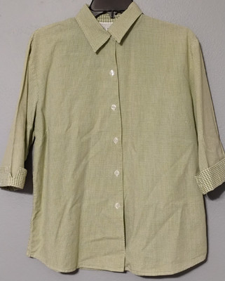Casey & Max Button Shirt Womens L Green White Check 3/4 Slit Cuff Sleeves Cotton