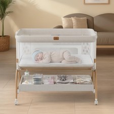 Baby Bassinet Bedside Crib, 3-in-1 Wood Grain Legs  Beige Bed