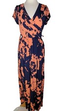 NWT Emerald Women Small Blue Wrap Maxi Dress Orange Floral Belted Cap Sleeves