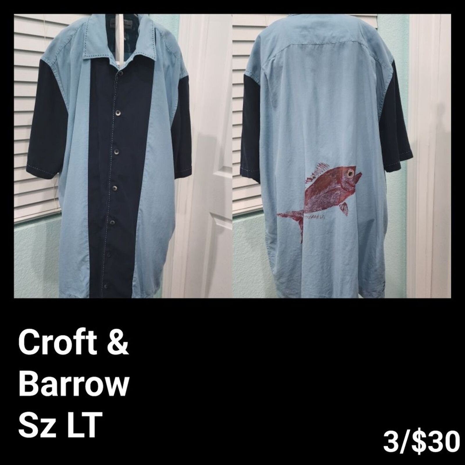 Croft & Barrow 100% Silk Blue Shirt w/ Fish Design Sz LT 3/$30