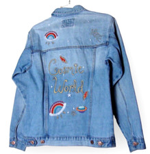 Forever 21 Denim Women Jacket Blue Acid Wash Comic Embroidery Los Angeles Size S
