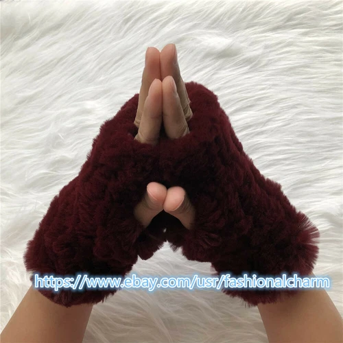 Womens Winter Real Rabbit Fur Gloves Knitted Stretch Fingerless Mitten Gloves - Picture 65 of 102