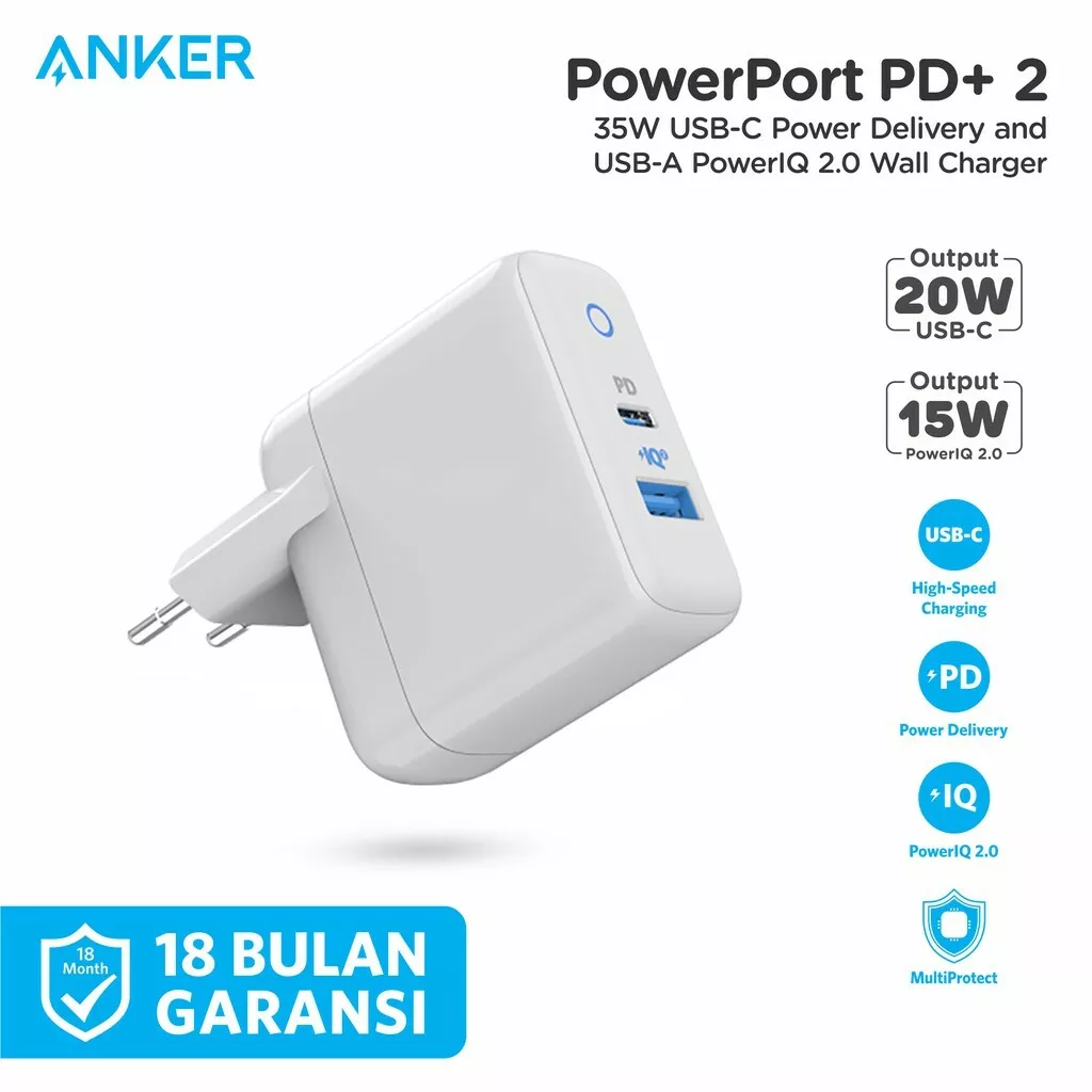 Anker PowerPort PD 2 USB C PD 20w PowerIQ 2.0 15w EU Wall Charger