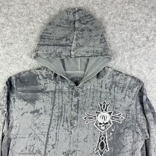 Affliction Shirt Herren L Grau Langarm Hoodie Henley Skull Cross Y2K Grunge* - Bild 2 von 14