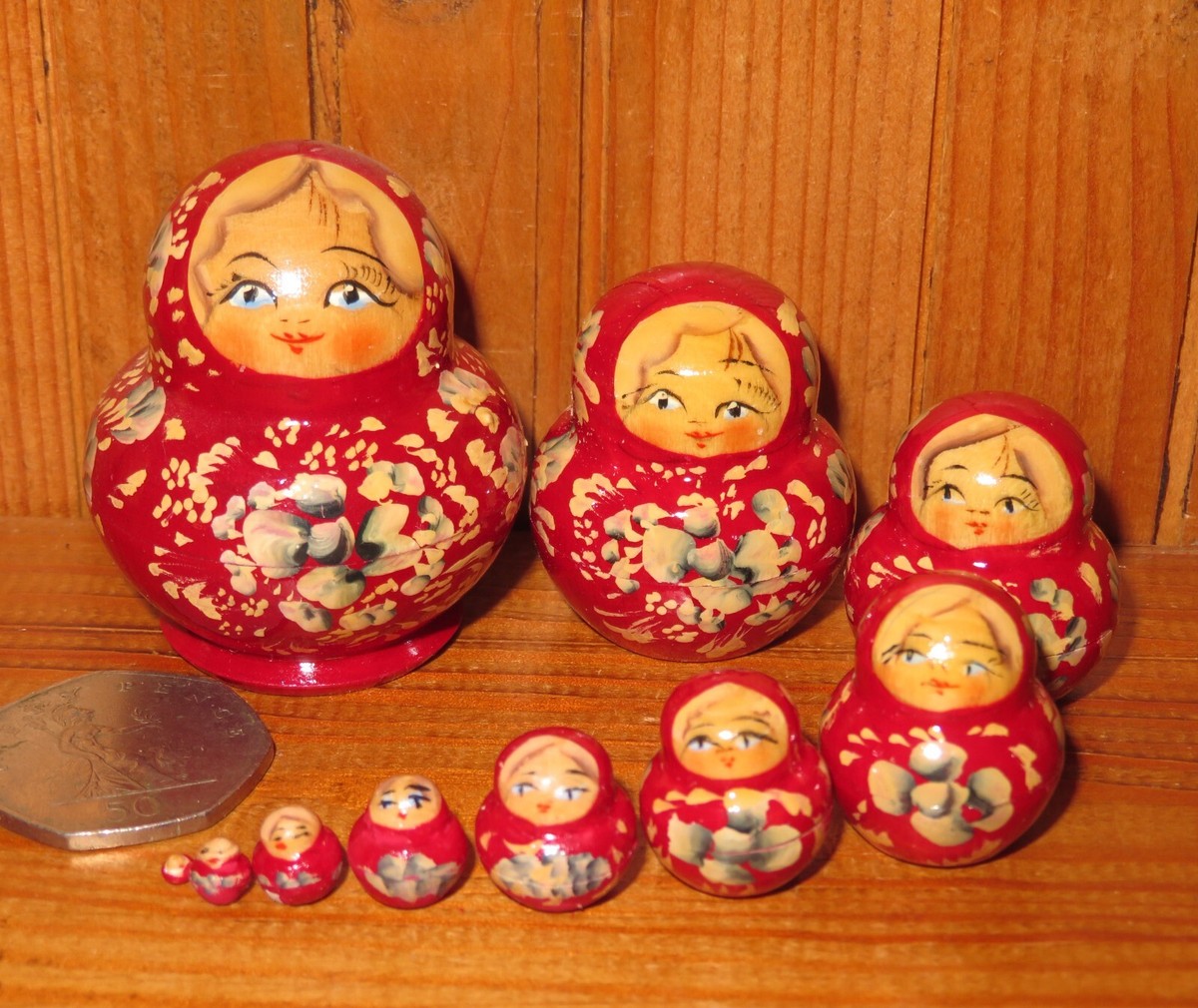 Burgundy MINIATURE Matryoshka okra flowers 10 tiny Russian nesting dolls  signed