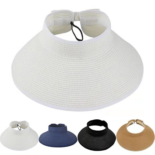 Navy Blue Women's Visors Hat Multi Purpose Straw Roll Up Ponytail Sun