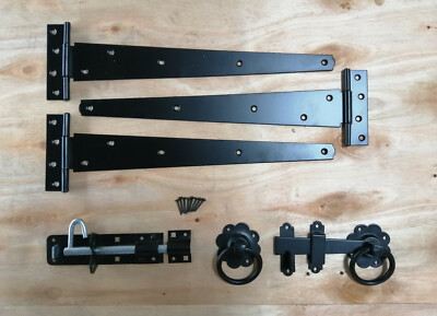 T-Stück Scharniere (3) 16'' 400 mm Ringriegel Brenton Bolzen Gartentor Beschlag Set schwarz