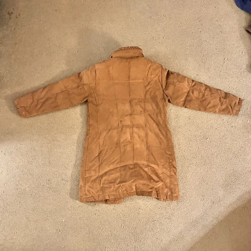 LL Bean Goose Down Jacket Womens L Petite Brown Faux Suede Button Up Puffer - Image 2 of 3