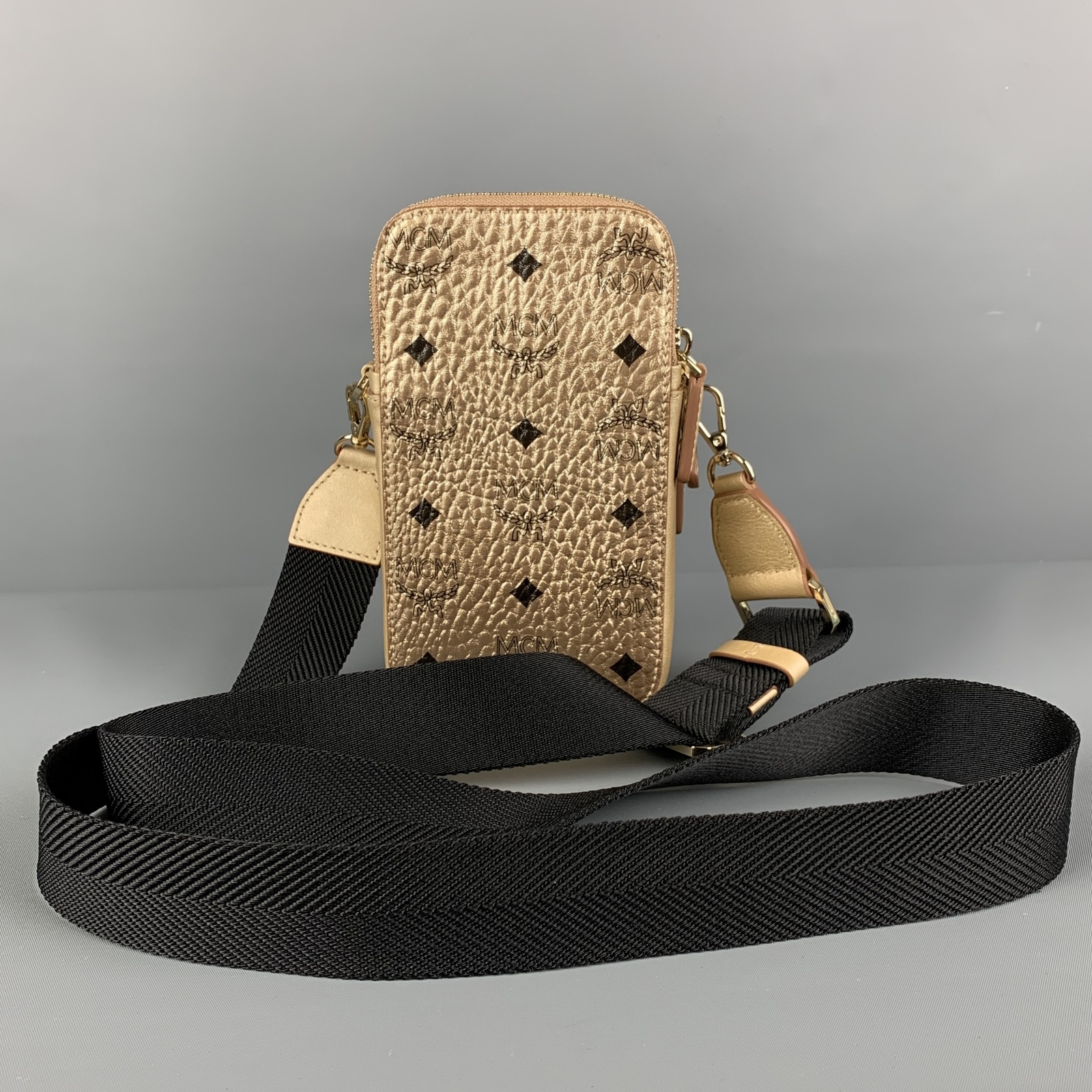 MCM Gold Black Monogram Coated Canvas Cross Body Came… Gem