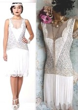 Gatsbylady elaina beaded 20s Deco White Silver Wedding evening Lace dress 12 14