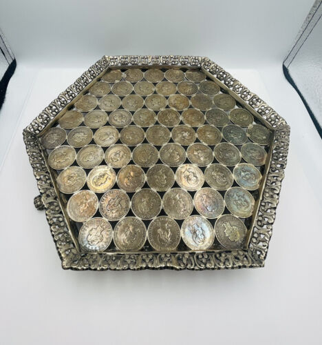 Antique Sterling Silver Paw Footed Salver Tray W/ 1900s Brazil Silver Coins 922g - Photo 1 sur 11