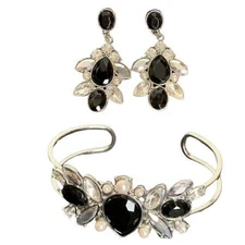 Charming Charlie Black Crystal Jewelry Bangle Bracelet + Drop Earrings