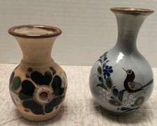 Lot of 2 Mexican Pottery Vases with Flower & Bird Designs & A Butterfly!