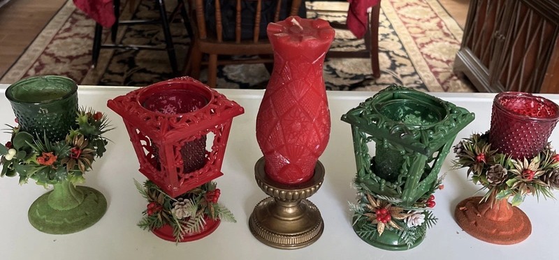 Vintage lot Christmas Candles Holders Flocked Plastic Greens Retro!