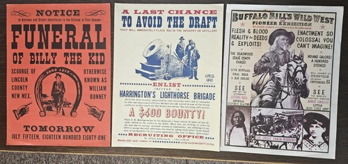 Billy the kid, Buffalo Bill, Lighthorse Brigade - Lot of 3 reprint posters