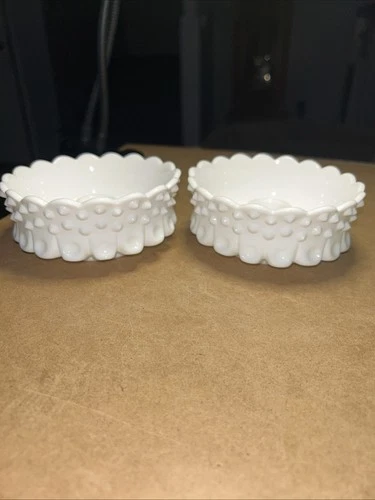 A Pair of Vintage Fenton Hobnail Milk Glass Low Candle Holders.
