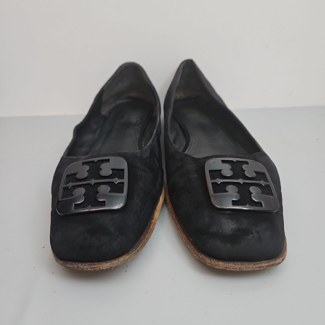 Tory Burch Georgia Ballet Flat Black Leather Suede Square Toe Logo Size 10M thumbnail 2