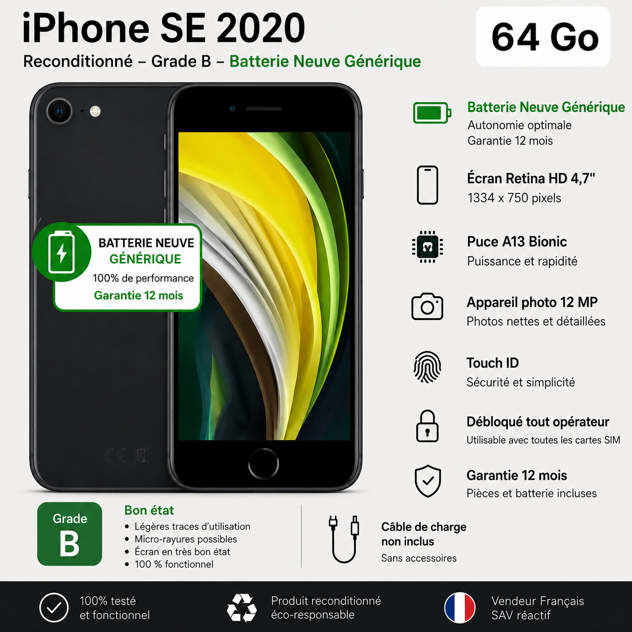 Grade B  BT NEUVE + Apple iPhone SE 2ème Génération 2020 A2296 4.7" Retina 64Go