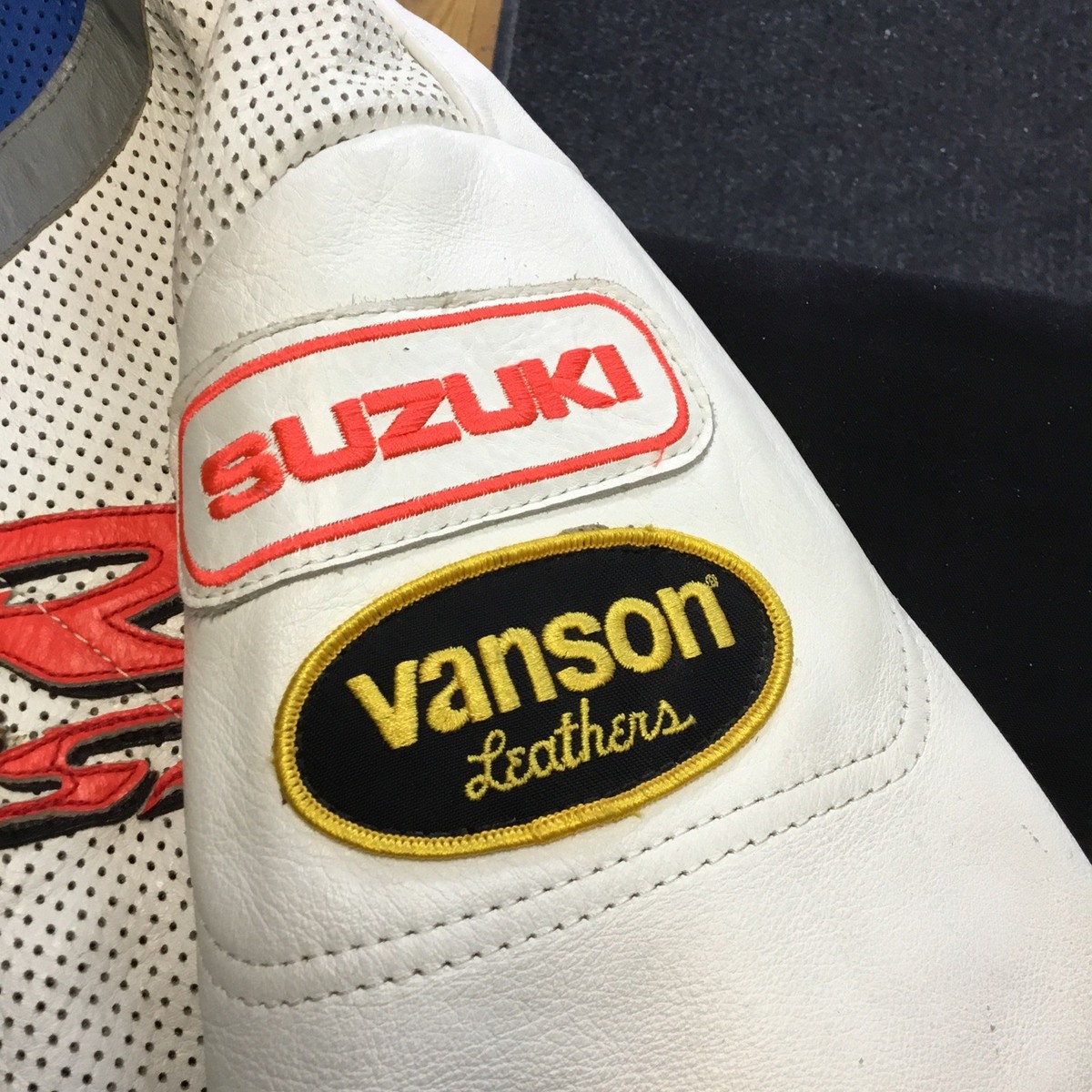 Suzuki Vanson Leather Jacket Motor Bike R CSX White Blue Grey