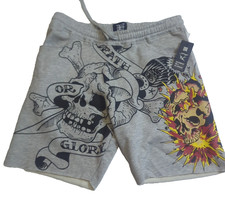 Ed Hardy Men's Sweat Shorts L Skull  Death or Glory Printed Grey Heather NWT