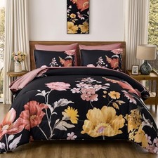 Floral Comforter Set - 7 Pieces Blush Floral Bed in a Bag with Queen Black