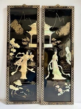 2 Vtg Asian Black Lacquer Mother of Pearl Wall Panels Art Geisha Women 12x36”