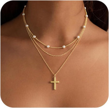 Gold Cross Necklace for Women, Dainty 14K Gold Plated Cross Pendant Necklace Non