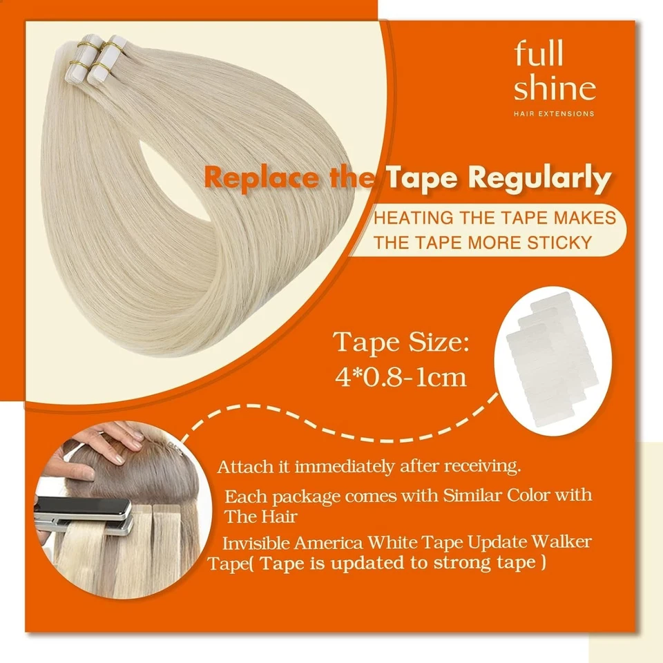 Full Shine Tape in Hair Extensions Platinum Blonde Color 60 Brazilian Remy Tape  - Image 2 of 3