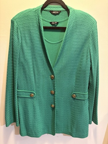 Misook Green Knit Chevron 2pc Suit Set Shawl Lapel 3-Button L