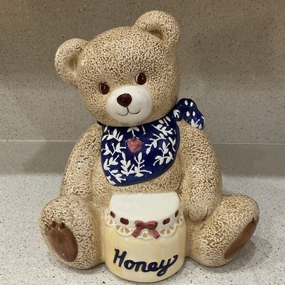 Vintage Teddy Bear Cookie Jar Blue Bandana Honey Pot CCA