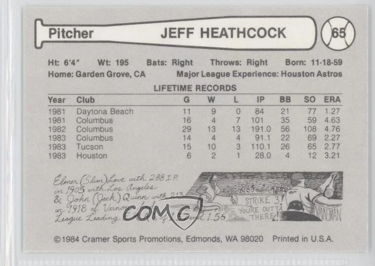 1984 Cramer Pacific Coast League Jeff Heathcock #65 - Image 2 of 2