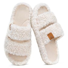 Womens Fuzzy Open-toe Slippers Soft Comfy Memory Foam Indoor 9-10 Vanilla Ice