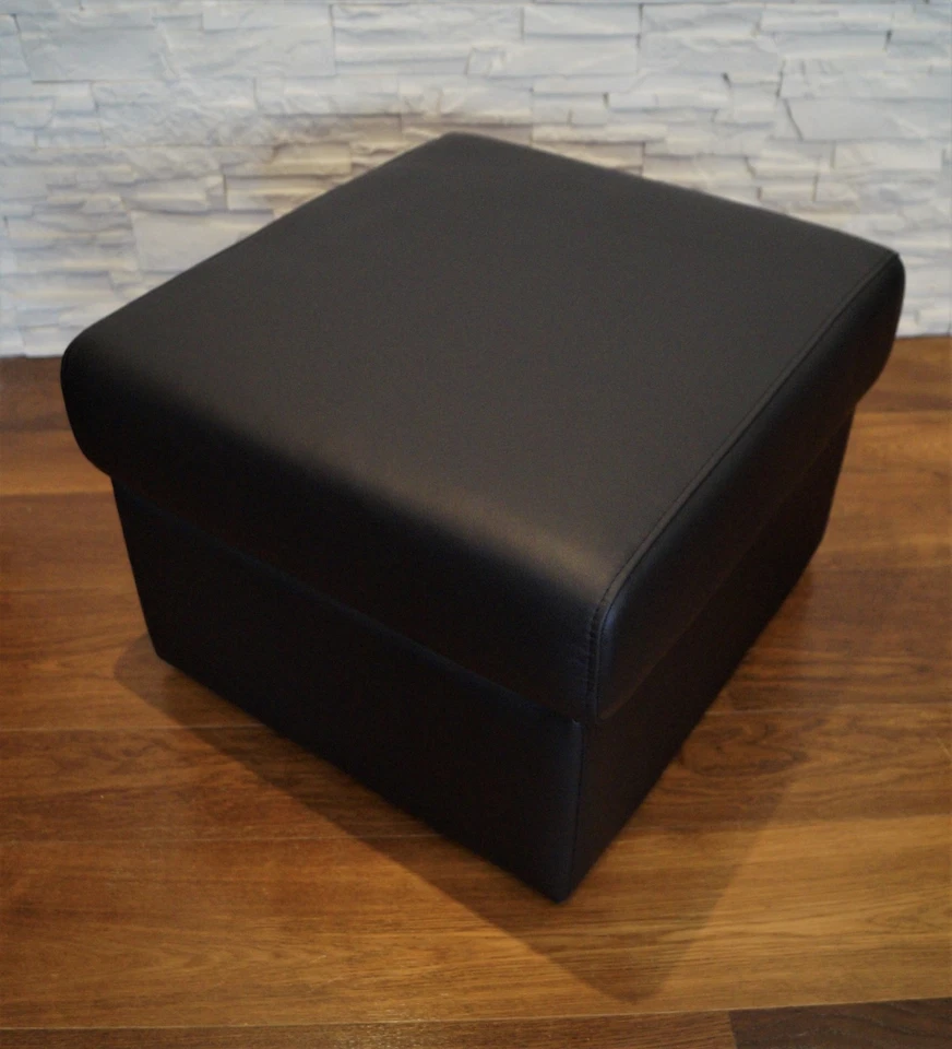 Schwarz Echt Leder Hocker mit Stauraum Sitzhocker Fußhocker Leder Puff 60x55 - Bild 3 von 4