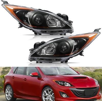Black Headlights Set Left & Right Pair Headlamp Fits 2010-2013 Mazda 3 Halogen