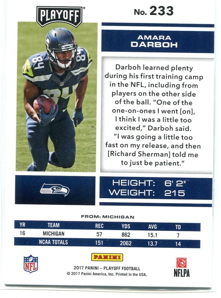 2017 PLAYOFF GOAL LINE PARALLELS RC AMARA DARBOH SEATTLE SEAHAWKS ROOKIE - Image 2 of 2
