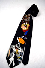 Neck Tie VTG 90s Bugs Bunny Taz Hoop it Up Looney Tunes Black 55" x 4" c.1995