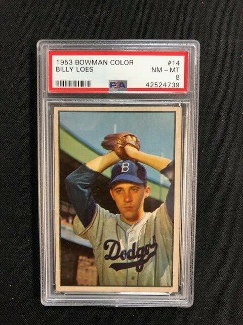 1953 Bowman Color Baseball Billy Loes Brooklyn Dodgers Card #14 PSA 8