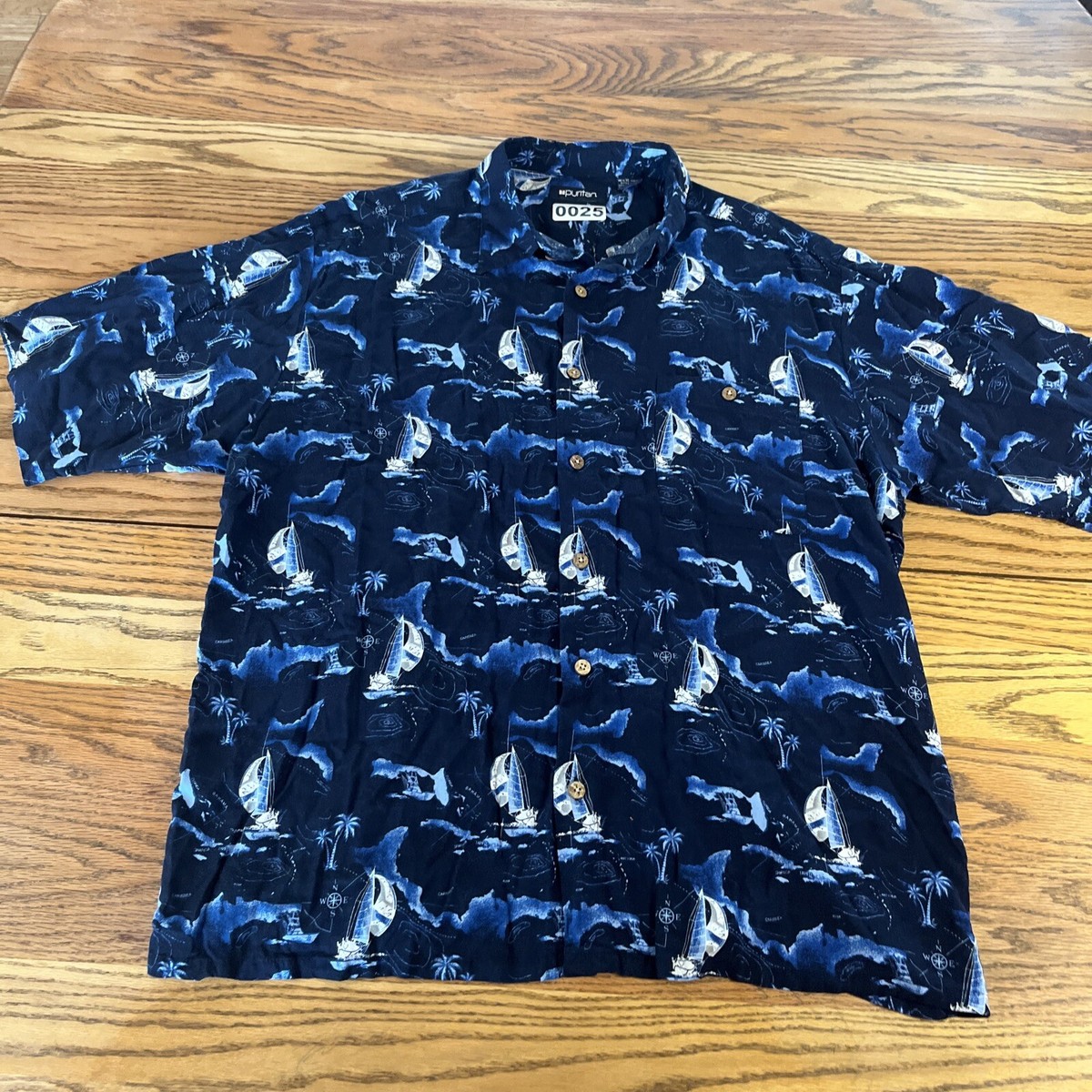 Chemise Hawaïenne Vintage Puritan - Bleue - Motifs Bateaux Et Voiliers - Taille L