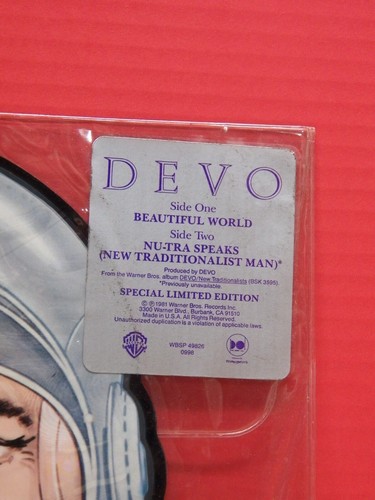 Sealed 7" Shaped Picture Disc Devo Beautiful World 1981 Warner Bros. Ltd Ed - Picture 3 of 4